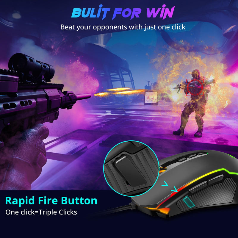 [Australia - AusPower] - Redragon Gaming Mouse, Wired Gaming Mouse with RGB Backlit, 8000 DPI Adjustable, Mouse with 9 Programmable Macro Buttons & Fire Button, Software Supports DIY Keybinds, M910-K Black 