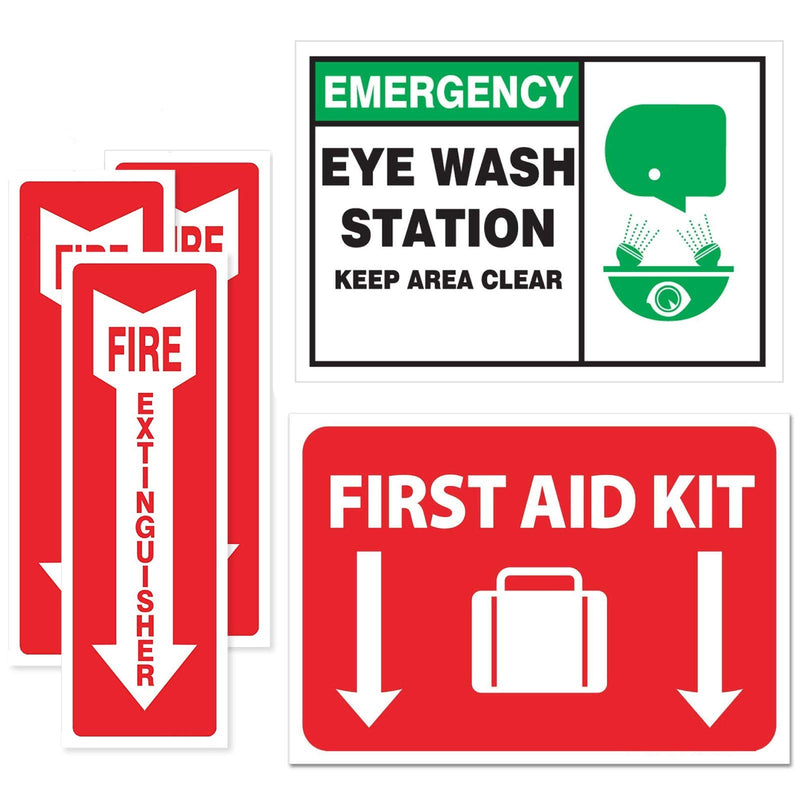 Emergency Safety Sticker Sign | FULL SET | Fire Extinguisher Arrow | Eye Wash Station | First Aid | OSHA Requirement (5-pack)
