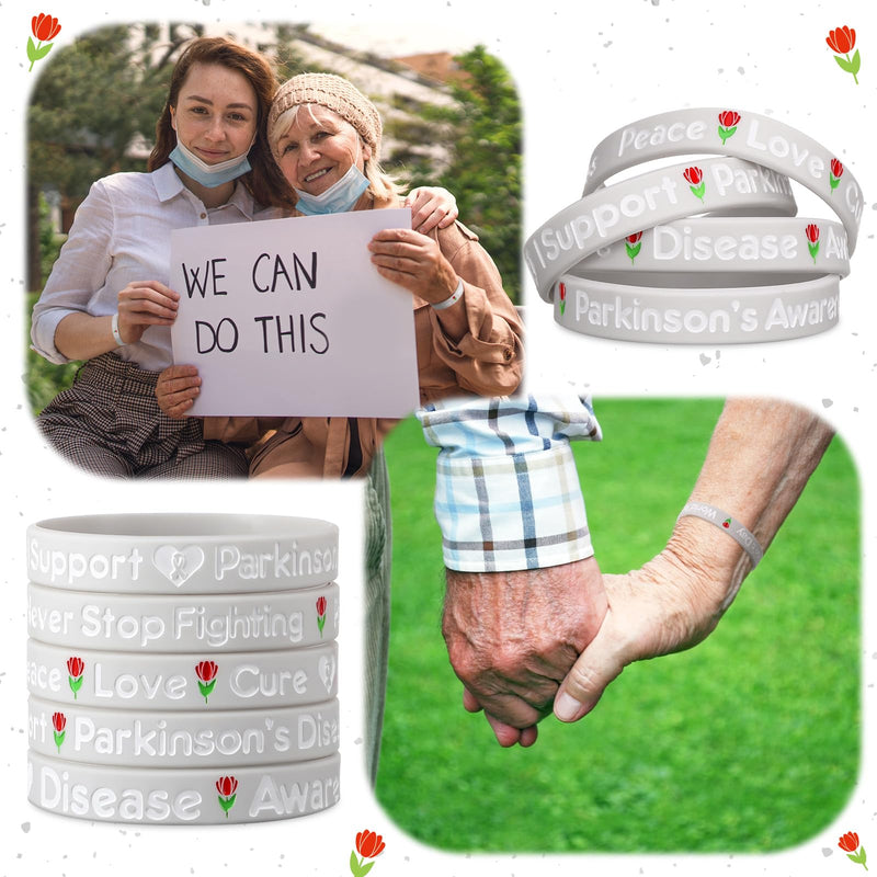 [Australia - AusPower] - 100 Pcs Parkinson's Disease Awareness Wristband Silicone Grey Ribbon Wristband 10 Styles with Inspirational Phrases for World Parkinson's Day Campaign Endorsement 