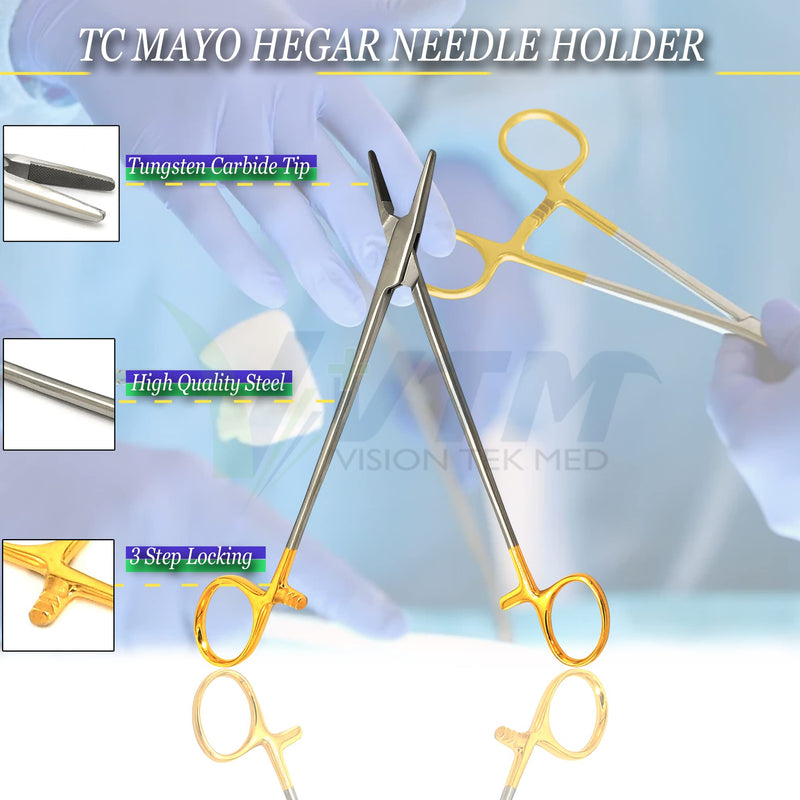 [Australia - AusPower] - 10 Inch TC Mayo Hegar Needle Holder Driver with Tungsten Carbide Inserts and Gold Rings Premium Grade Instrument 