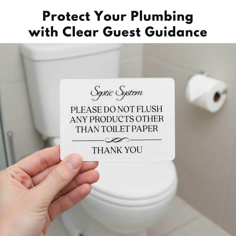 Septic System Do Not Flush Toilet Sign 2-Pack (White Acrylic 5 x 3.5 in) - Do Not Flush Anything Except Toilet Paper Sign - Bathroom Signs for Business - Airbnb and Restroom Signage White (Pack of 2)