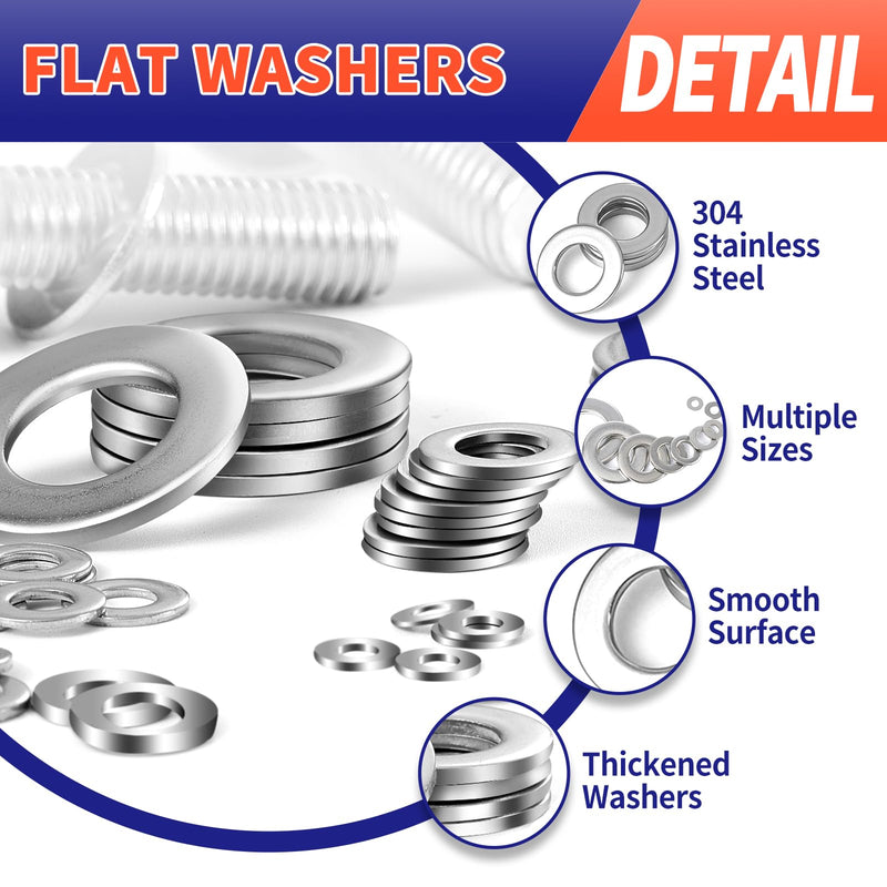 [Australia - AusPower] - 1100 Pcs Flat Washers Assortment Kit – 304 Stainless Steel, 9 Metric Sizes (M2–M12), Metal Washers for Screws and Bolts – Ideal for Automotive, Construction, Industrial, and DIY Use Flat Washers-1100Pcs 