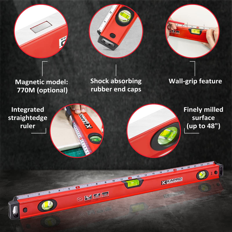 [Australia - AusPower] - Kapro - 770 Exodus Professional Box Level - With 45° Vial & Ruler - For Leveling, Measuring, Marking, and Cutting - Features 3 Vials, Precise Straightedge, and Wall-Grip - 24 + 32 Inch Set Bundle 