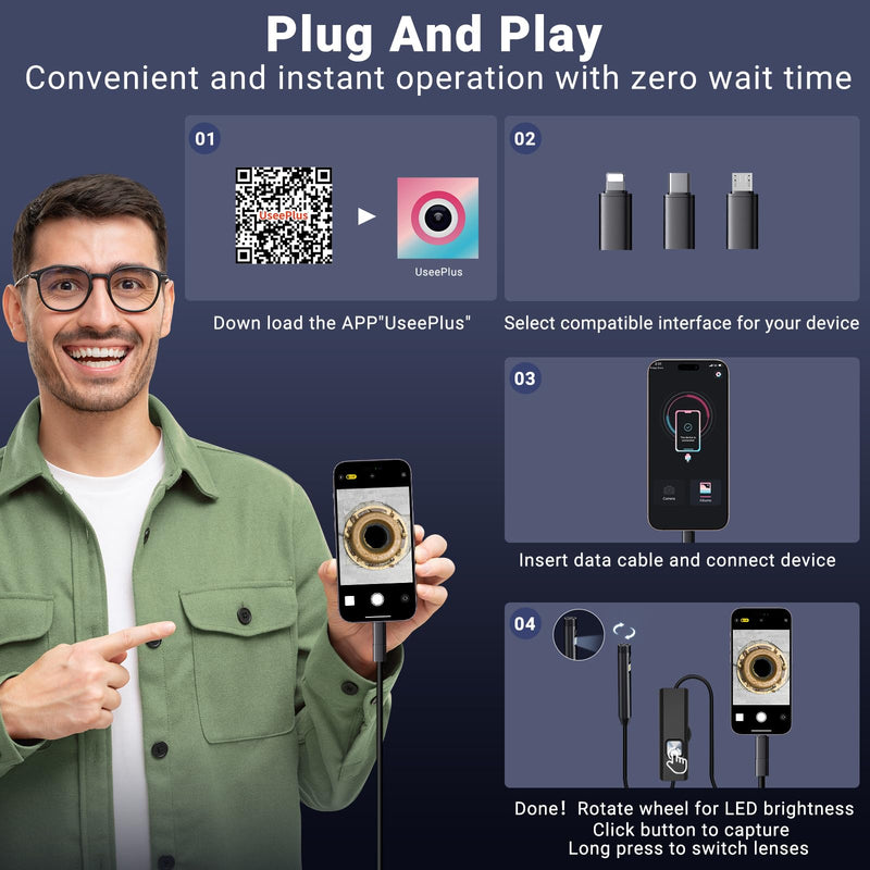 [Australia - AusPower] - Preciva Endoscope Camera with Dual Lenses, 1920P HD Borescope Camera with 8 Adjustable LED Lights, 16.5ft Semi-Rigid for iOS and Android 