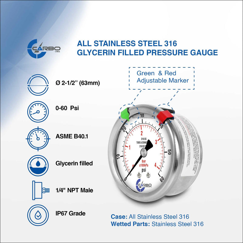 [Australia - AusPower] - 2 1-2" Pressure Gauge, All Stainless Steel Wetted Parts, Case, Connection, Liquid Filled, 0-60 psi/kPa, Back Mount 1/4" NPT 
