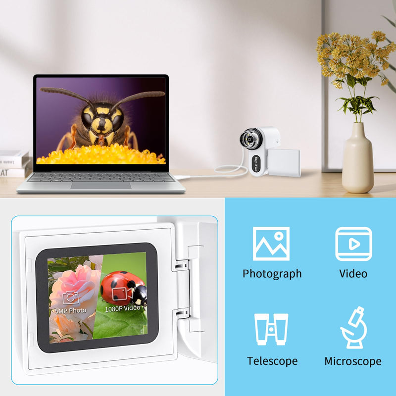 [Australia - AusPower] - Microscope for Kids - 1000X Portable Kids Microscope Handheld Microscope | Telescope and Microscope with 32GB SD Card | Photo and Video Mini Microscope | Science Kits for Kids Over 3 Years Old White 