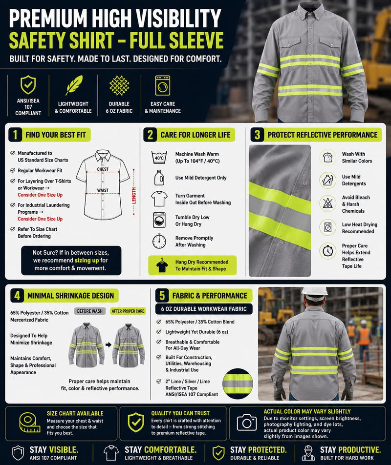 Premium High Visibility Safety Shirt - Full Sleeve Medium Light Grey