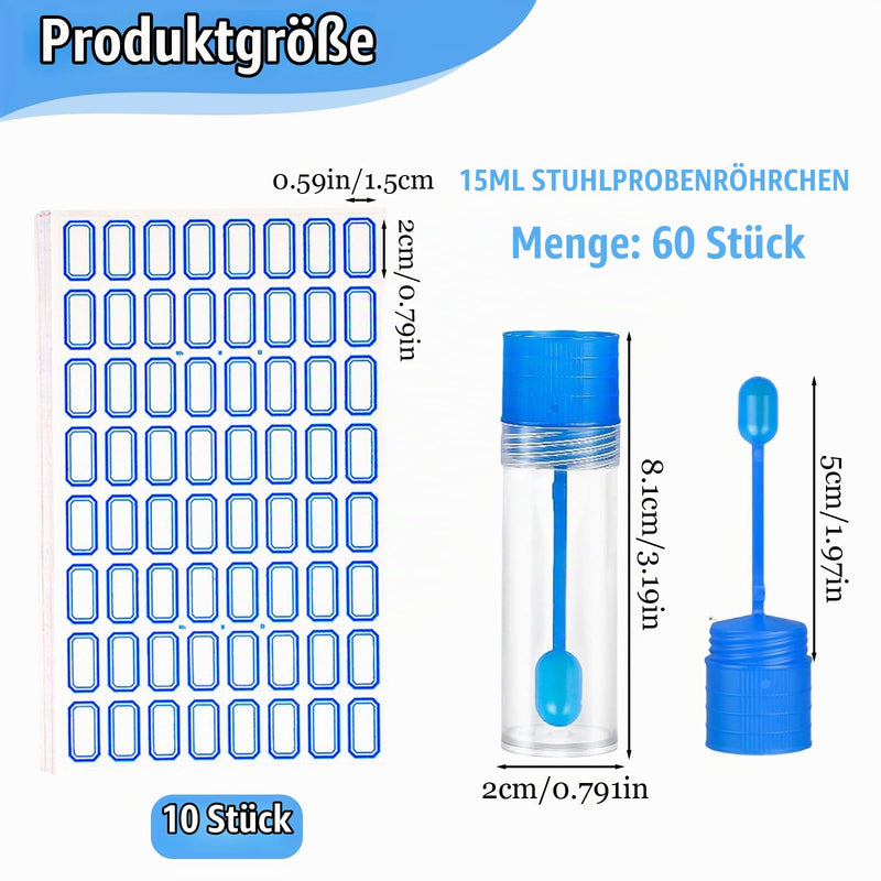 Pack of 60 feces sample tubes for dogs and cats, 15 ml stool sample tubes | Examination Tube Chair with 640 Small Labels Chair Sample Tube with Spoon for Pets for Testing