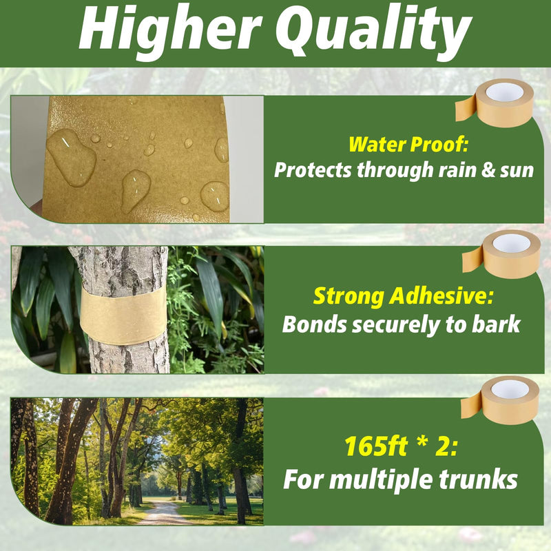 2 Packs 165 Ft x 2 Inch Tree Trunk Wrap Tape, Tree Wrap Roll Tape for Fruit Trees, Suitable for Garden, Backyard and Orchard, Waterproof & Adhesive