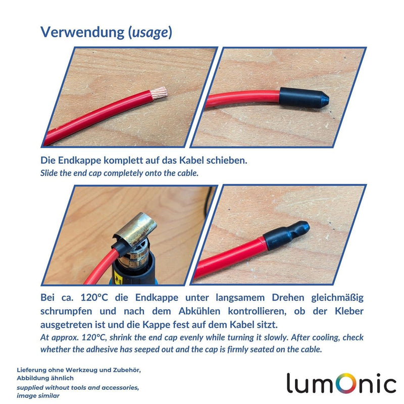 Lumonic I Heat Shrink End Cap with Adhesive I 20 -> 6 mm I Black I Ratio 3:1 I Crosslinked Polyolefin I Shrink Cap I for Cables, Pipes and Ropes 20mm - 6mm