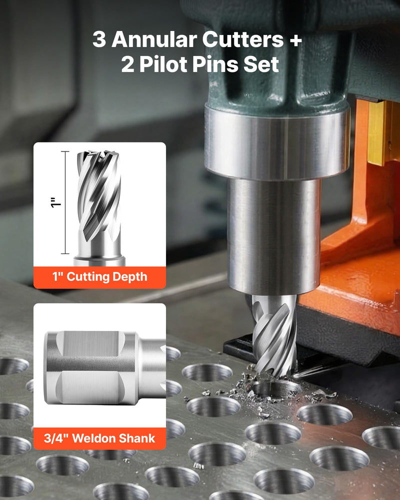 VEVOR Annular Cutter Set, 5 pcs Weldon Shank Mag Drill Bits Kit, 1" Cutting Depth, 5/8" Cutting Diameter, HSS, 3 Drill Bits with 2 Pilot Pins and 3 Plastic Cases, for Magnetic Drills, Steel, Aluminum (5/8" * 1")