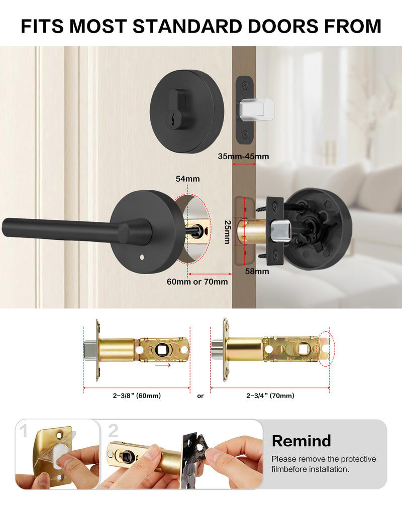 Lethato Black Door Handle and Deadbolt Set, Heavy Duty Front Door Lock Set, Exterior Door Lever Single Keyed Round Deadbolt Lock (1 Pack) Matte Black 1