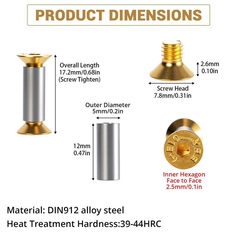 [Australia - AusPower] - 20-Pack Gold Hex Flat Head Knife Fasteners | M4 Alloy Steel Screws & Rivets Compatible with Blade Repair 