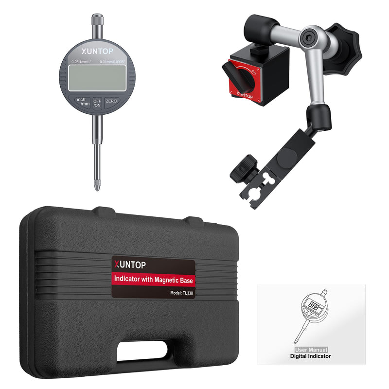 XUNTOP Magnetic Base Digital Dial Gauge Micrometer with Universal Magnetic Base 0~25.4 mm LCD Display Imperial/Metric for Laboratory Workshop