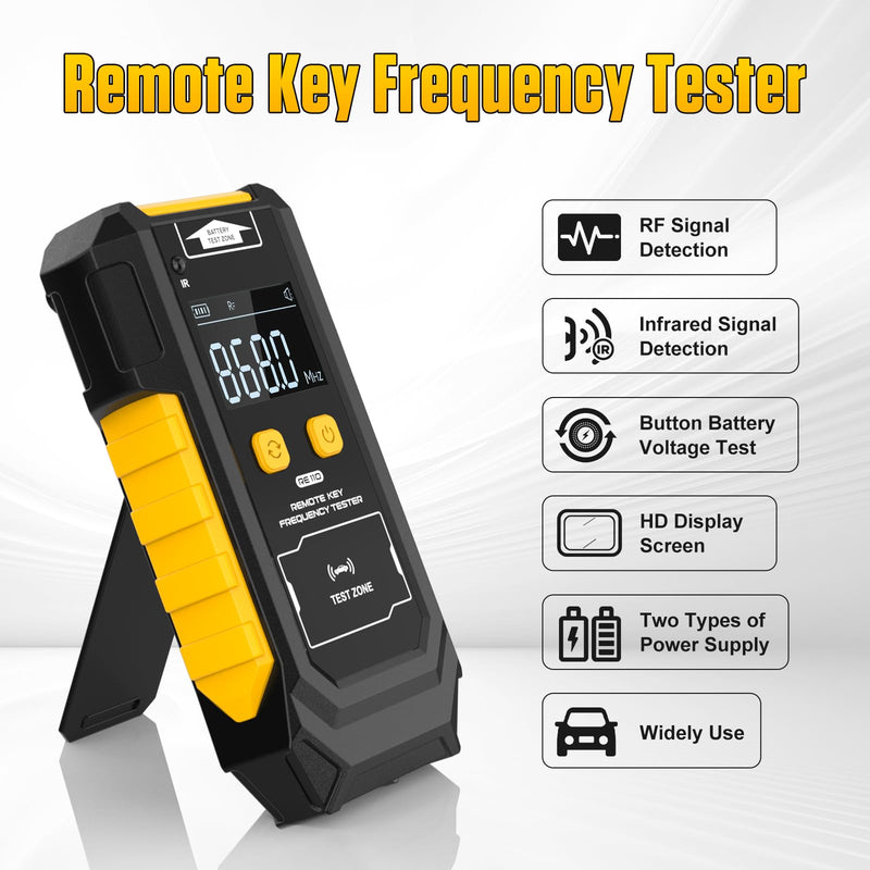 Remote Key Frequency Tester for RF or Infrared Signal Testing;3-in-1 Key Frequency Detection & Button Battery Voltage Check; 315/433/868/902MHz RF & Infrared Signal Detection.
