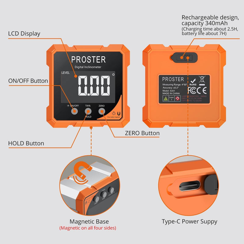 [Australia - AusPower] - Proster Digital Angle Finder with Laser 4-Side Magnetic Angle Gauge IP54 Waterproof LCD VA Display USB-C Inclinometer Level Box for Woodworking Carpentry Building(Laser Level Class II,Output<1mW） 