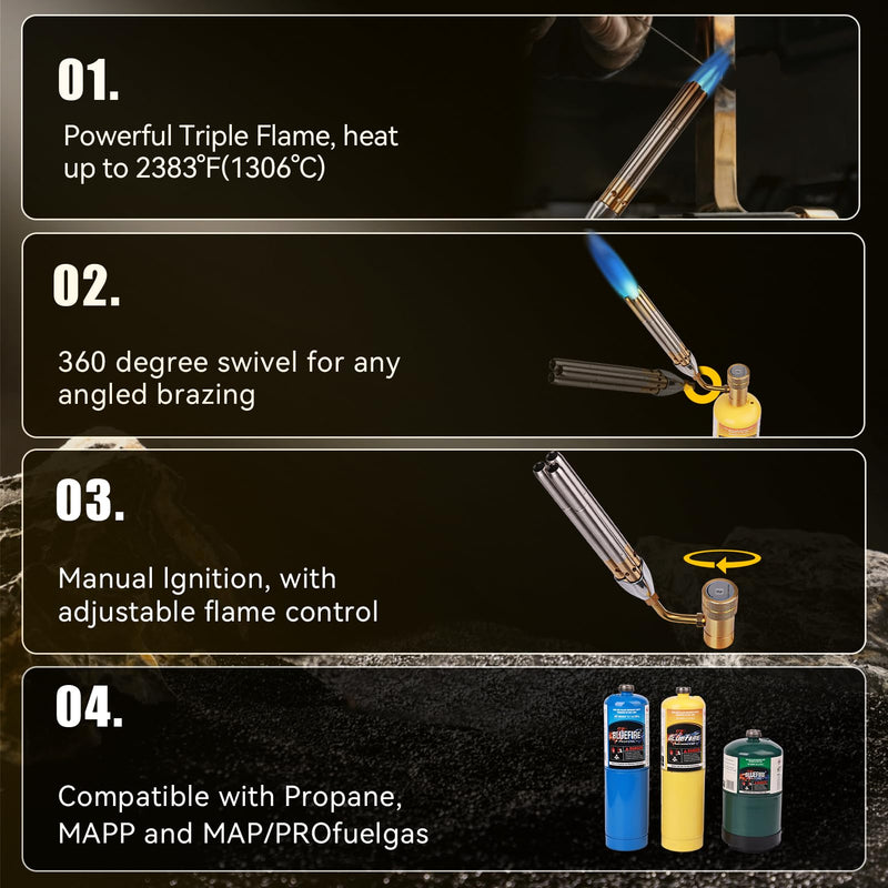BLUEFIRE Triple Flame Barrel Turbo Torch Head High Output 25590 BTU Heavy Duty Gas Welding Nozzle Fuel by MAPP MAP Pro Propane Brazing Soldering Large Dia Pipes Flamethrower