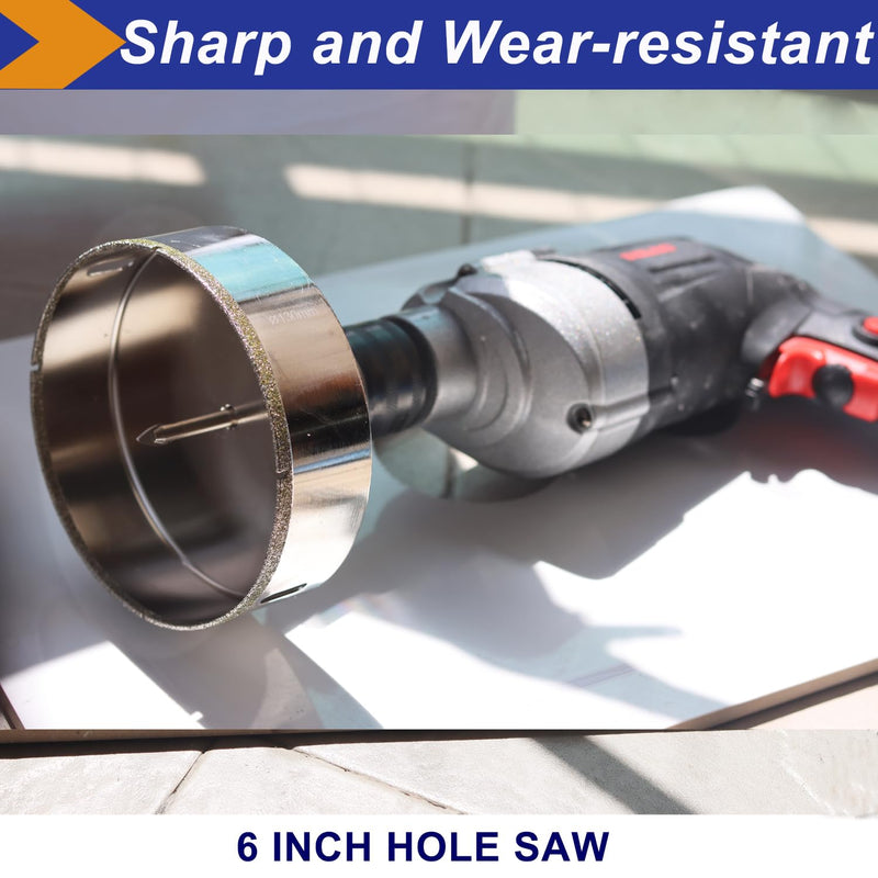 6 Inch (150mm) Diamond Hole Saw with Pilot Bit, 6" Tile Hole Saw for Granite, Ceramics, Porcelain Tiles, Marble, Glass, Stones,1 3/8" Depth of Cut for Thick Countertops 150mm | 6" 1
