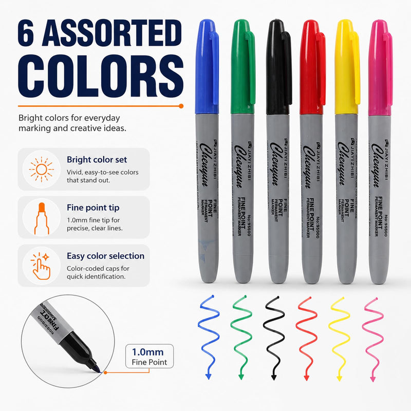 6-Piece Tattoo Felt Pen Set, Surgical Skin Marker with Fine Tip, Water-based Non-Toxic Ink, Precise Positioning for Tattoo Preliminaries, Makeup Designs and Contours