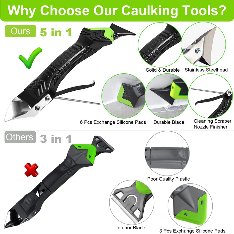 [Australia - AusPower] - Caulking Tool 5 in 1 Silicone Caulking Grout Removal Tool Sealant Finishing Tool with Grout Scraper, 6 Exchange Silicone Pads, Adhesive Residue Scraper Seam Repair Tool Kit for Kitchen Bathroom Green 