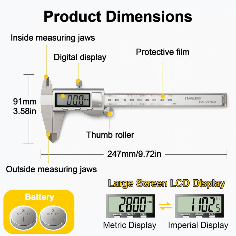Vernier Calliper, Digital Calliper, 150 mm Calliper, Digital Stainless Steel with LCD Screen, Electronic Caliper Measuring Tools, Splash Protection, Dust Protection for Household and Industrial