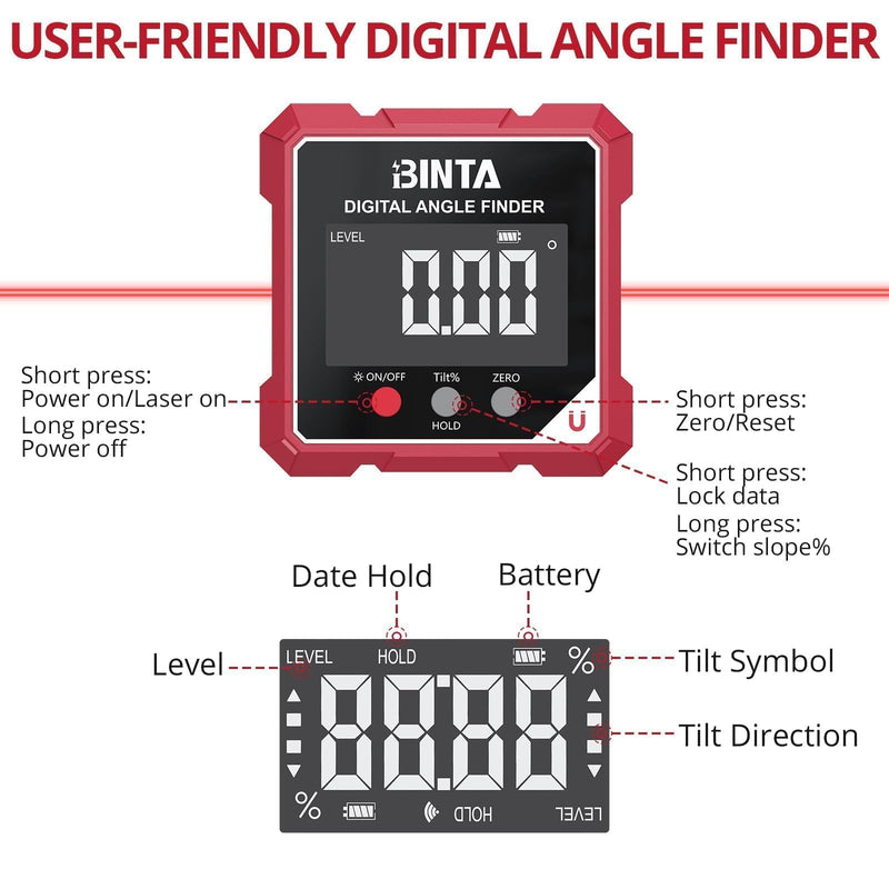 [Australia - AusPower] - BINTA Magnetic Digital Angle Finder with Laser, Rechargeable IP54 Waterproof Dustproof Digital Angle Gauge Inclinometer, Table Saw Miter Angle Gauge for Woodworking Machinery DIY(Class II Laser <1mW) 