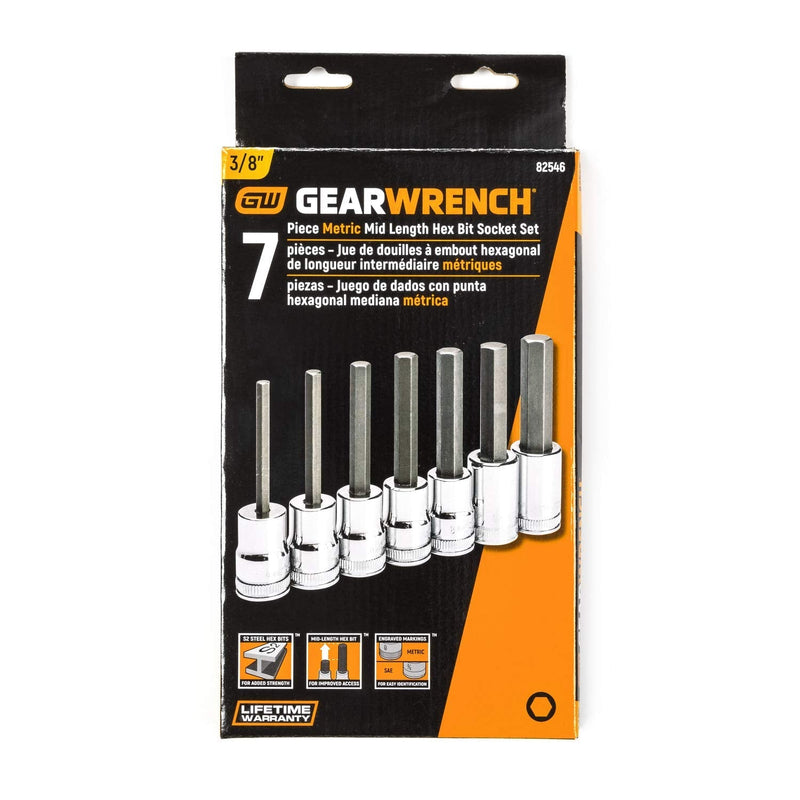GEARWRENCH 7 Pc. 3/8" Drive Mid-Length Hex Bit Socket Set, Metric - 82546
