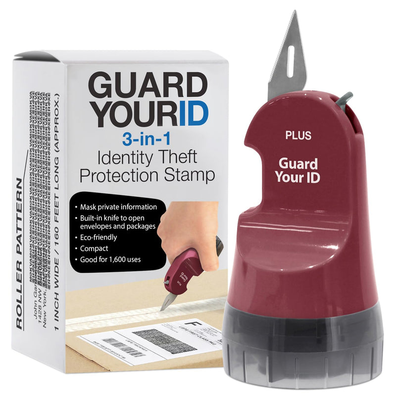 Guard Your ID 3-in-1 Wide Advanced Roller with Retractable Box & Envelope Opener, Identity Theft Prevention Security Stamp, Wine
