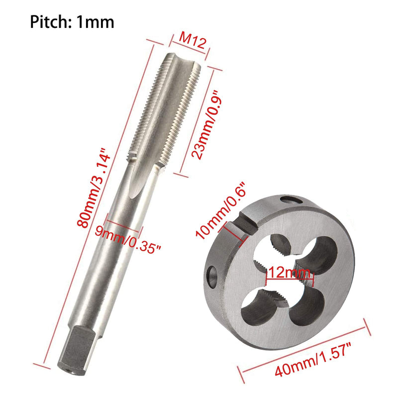 [Australia - AusPower] - M12 x 1mm HSS Metric Tap And Die Set Thread Tap And Round Thread Die Right Hand HSS Taper Silver Tone (2Pcs) M12x1.0MM 