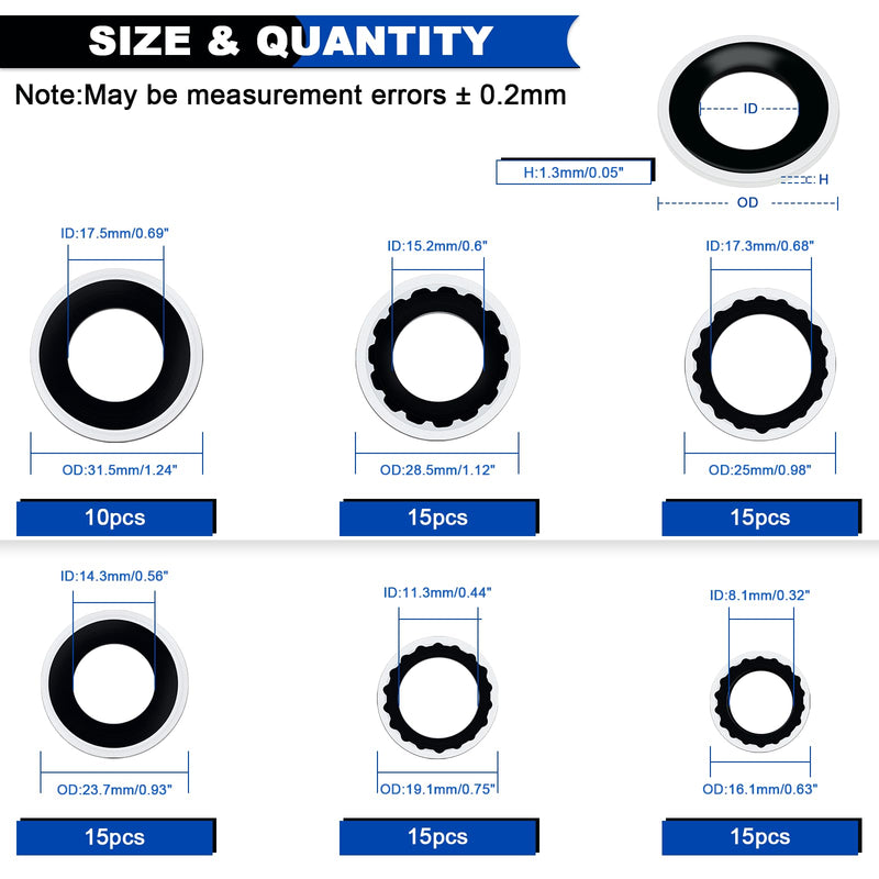 [Australia - AusPower] - 85PCS A/C Compressor Bonded Seal Washers Assortment Kit, 6 Sizes Air Conditioning Compressor Port Gasket Repairs Universal Automotive Self-Centered Washers (ID: 8mm-17.5mm) 85PCS A/C O-Ring Black 