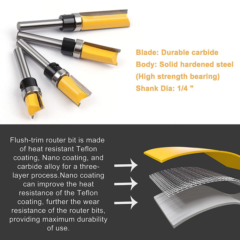 [Australia - AusPower] - Pattern Flush Trim Router Bit Set, Newdeli Straight Cut Router Bit with a Bearing Prevent Tear-Out, Template Guide Woodworking Milling Cutter Tool Pattern Flush Trim Router Bit Set 