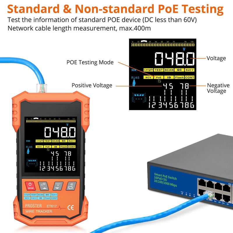 [Australia - AusPower] - Proster Network Cable Tester - PoE Cable Tester, NCV,Port Flashing, Ethernet Wire Tracer Test, Length Measurement,Multi-Function Trouble-Free Line Scan Mode 