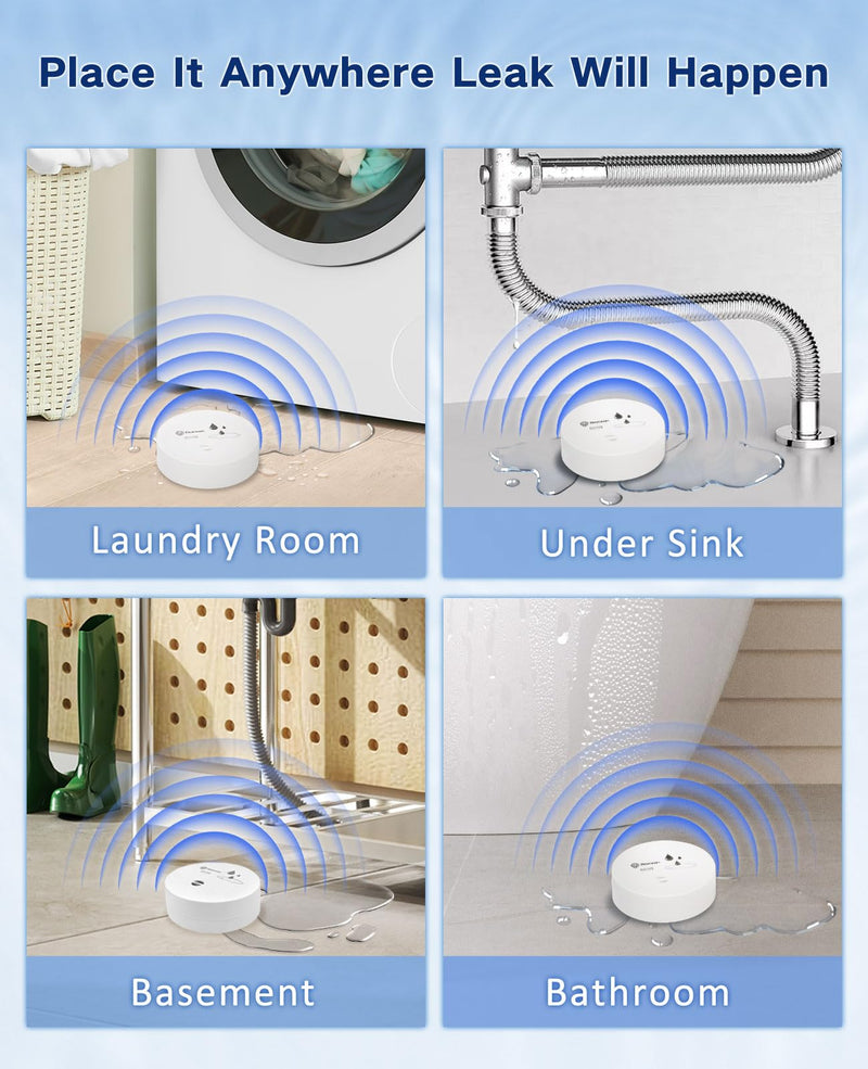 [Australia - AusPower] - Geevon 4 Pack Water Leak Detectors, 100dB Water Sensor Alarms Flood Detector for Basements, Bathrooms, Laundry Rooms, Kitchens, Garages, and Attics, Water Alarms Battery-Operated (Battery Included) White 