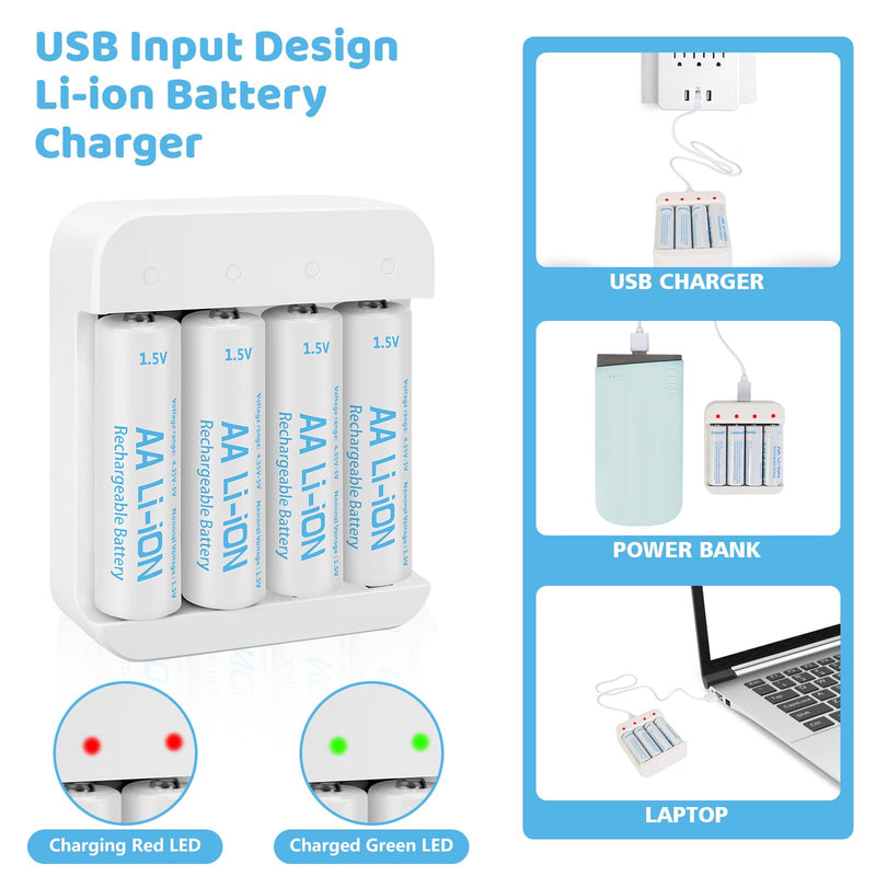 [Australia - AusPower] - 8 Pack Rechargeable 1.5V Lithium AA Batteries with Charger (4-Bay Independent Slot), Long Lasting Double A Size Battery 3600mWh for Blink Camera AA 8 Pack+Charger 