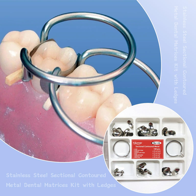 [Australia - AusPower] - 100 Pieces Stainless Steel Sectional Contoured Metal Dental Matrices Kit with Ledges, 0.035mm Thickness, Assorted Sizes Soft Metal Bands for Molar and Premolar Restorations - Dental Matrix System Kit 