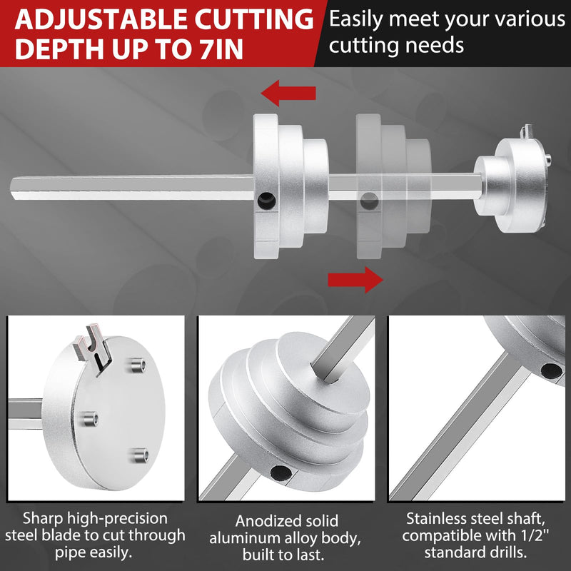 [Australia - AusPower] - Inside Pipe Cutter for 1-1/2 Inch and 2 Inch Schedule 40 Pipe, 7 Inch Cutting Depth Internal PVC Pipe Cutter Plumbing Tool with Aluminum Alloy Body, Stainless Steel Shaft, Steel Blade Silvery 