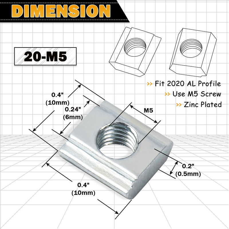 [Australia - AusPower] - KOOTANS 100pcs 2020 Series M5 Sliding T Nuts Metric M5 Thread Slide in T-Nut for 20x20 Standard 6mm T-Slot Aluminum Extrusion Profile 