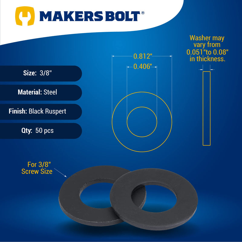 [Australia - AusPower] - Black Washer Fits 3/8" Diameter Screw Size (50 pcs), 13/16" Outside Diameter, Steel with Weatherproof Black Ruspert Coating for Outdoor Use by Makers Bolt 3/8" (.406ID x .813OD x 0.051TH) 