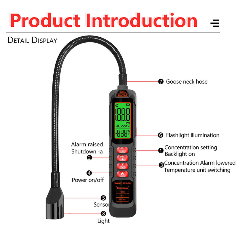 [Australia - AusPower] - Professional Halogen Gas Detector with 180° Flexible Probe, Digital Refrigerant Leak Detector for R22, R32, R134a, LCD Display, Ultraviolet Detection, 30CM Probe Length BLACK 