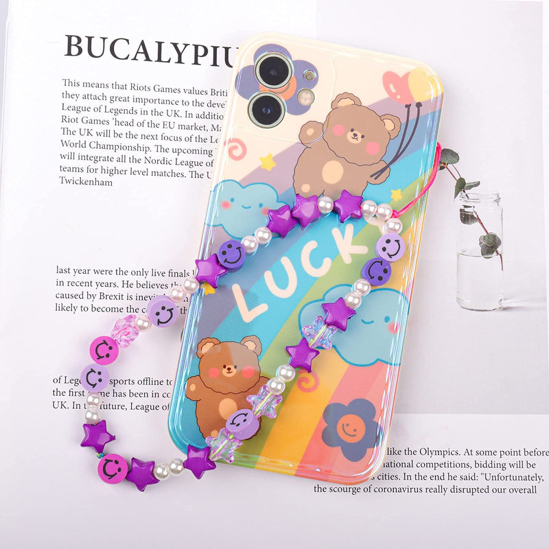 [Australia - AusPower] - Phone Charm Lanyard, 1Pcs Smiley Face Beaded Phone Charm Strap Colorful Star Smiley Soft Ceramic Keychain for Women Girls Purple 