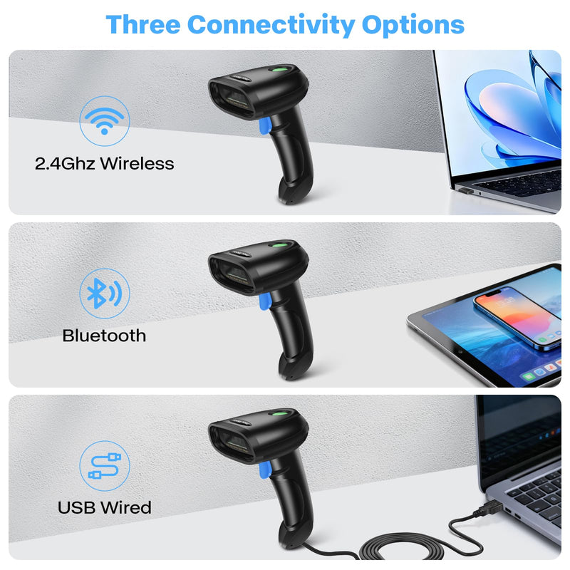 Bluetooth 1D&2D Barcode Scanner, 3-in-1 Bluetooth & USB Wired & 2.4G Wireless QR Barcode Reader, PDF417 Data Matrix Handheld Bar Code Scanner Work with Windows, Android, iOS (TM-10B) Wireless 2D Barcode Scanner