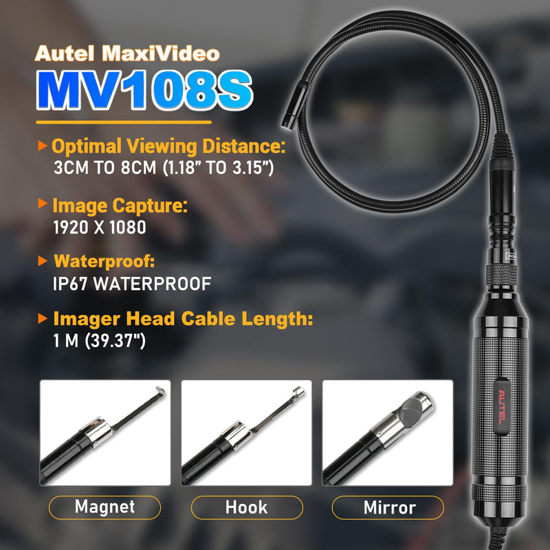 [Australia - AusPower] - Autel MaxiVideo MV108S Digital Inspection Camera, 2025 Upgrade MV108/ MV105S/ MV105, 2MP 1920x1080, IP67 Waterproof Industrial Endoscope, 39.37'' Flexible Snake Cable, Compatible w/Autel Scanner & PC 