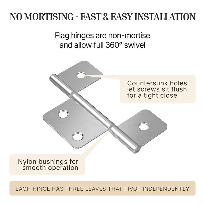 3-1/2" Chrome 3-Leaf Flag Hinges - Pack of 20 - Non-Mortise Hinges for Bi-Fold, Shutter and Cabinet Doors in Mobile Homes, Campers, Trailers - Furniture Hardware - NH8-SCH (10) 10