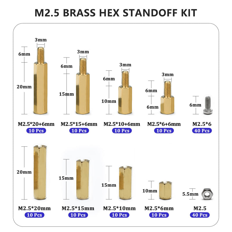 [Australia - AusPower] - M2.5 Hex Standoff Spacers Nuts Screws Kit,160 Pcs M2.5 Male Female Metric Thread Mount Spacer Screw Nut Bolt Motherboard Spacer Accessories for PCB, Desktop Computers Circuit Board Assortment Kit M2.5 Brass Standoff Kit 