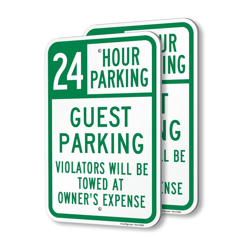 SmartSign 24 Hour Guest Parking Violators Towed At Owner's Expense Sign - 2-Pack, 12" x 18", 80 mil Thick Aluminum Composite (ACM), Pre-Drilled Holes, Green and White, Made in USA 12" x 18" - AL ACM (Pack of 2)