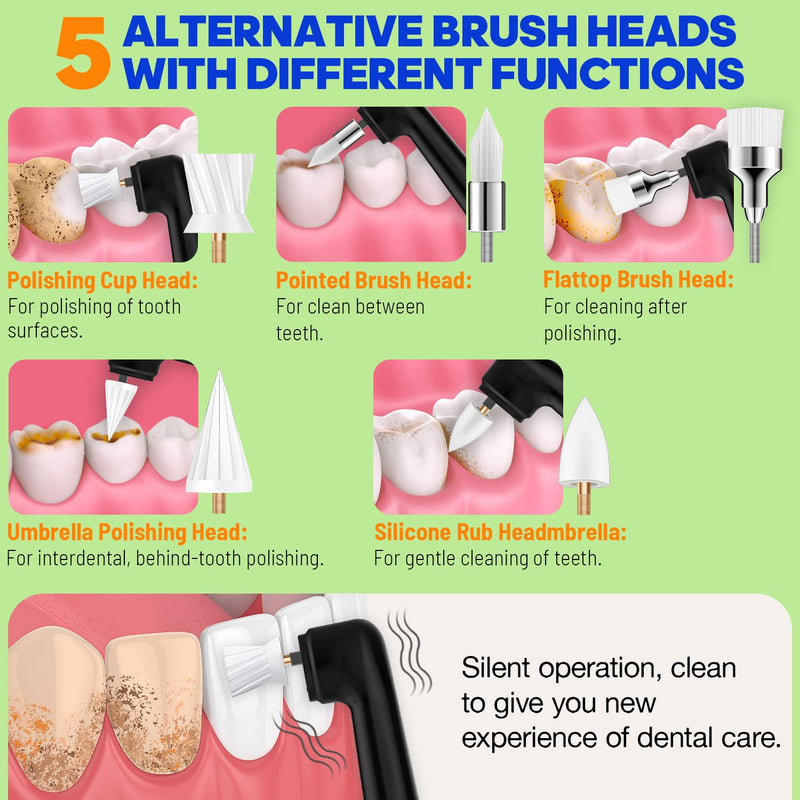 [Australia - AusPower] - Tooth Polisher, RRZIOM Rechargeable Teeth Polisher for Teeth Whitening and Cleaning Kit, Waterproof Tooth Polish Dental Tools with LED Light, 5 Brush Heads, 5 Speed Modes, Tooth Polishing Kit Black-1 