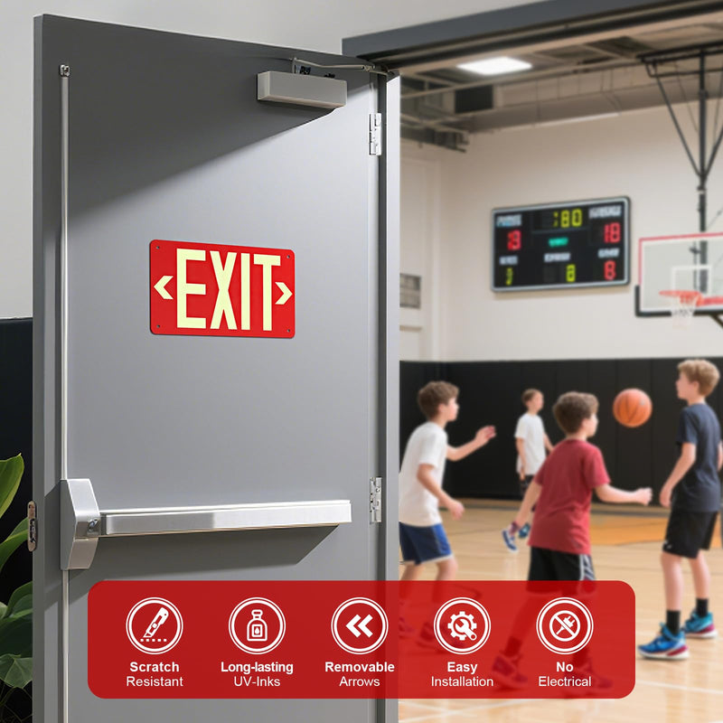 Photoluminescent Aluminum Exit Sign Red Glow in The Dark, 12x7 In Self-Adhesive Backing Emergency Exit Sign Sticker with Removable Arrows, Non-Electrical for 50 Feet Visibility (1 Pack) 1 Pack