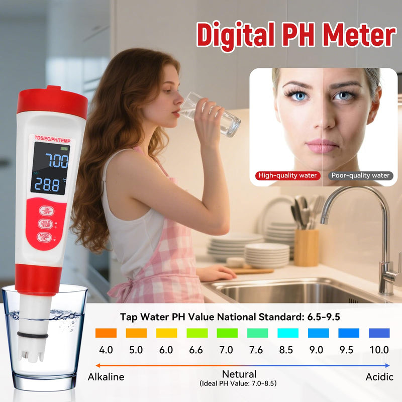 [Australia - AusPower] - Digital Pool Water PH Tester - Multifunctional 4 in 1 PH Meter for Water/TDS/EC/Thermometer, TDS EC Meter Digital Water Tester with LCD Display for Drinking Water Swimming Pools Aquariums Hydroponics 