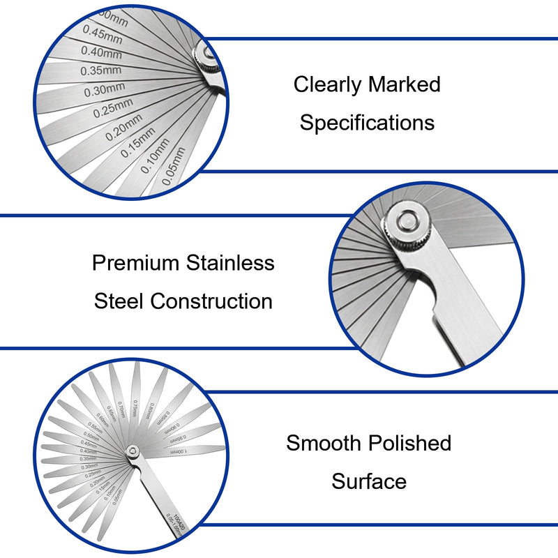 20 Stainless Steel Precision Feeler Gauge, 0.05-1 mm Metric High Precision Foldable Feeler Gauge Tool, Practical Measuring Tool for Precise Measurement Valve Backlash, Spark Plugs and Piston
