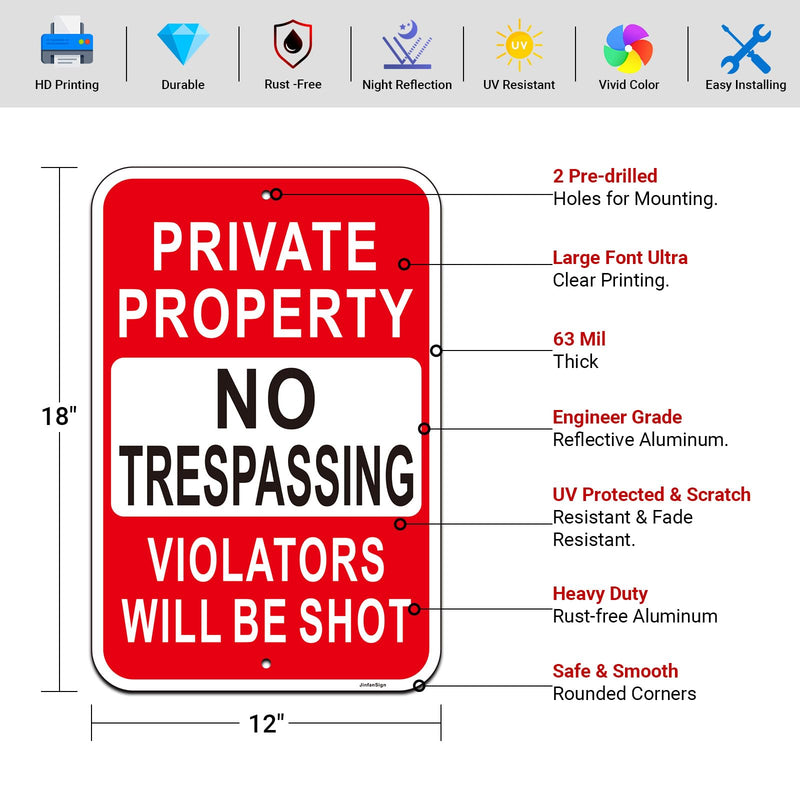 2 Pack Large Private Property No Trespassing Sign, Violators Will Be Shot Sign, 18"x12" Engineer Grade Rust Free Reflective Aluminum, Fade/Weather Resistant, UV Protected, Easy to Install Red-18"x12"